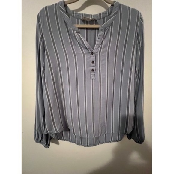 Pink Rose Women's Blue Striped Long Sleeve Button Up Casual Blouse Top - Picture 1 of 5